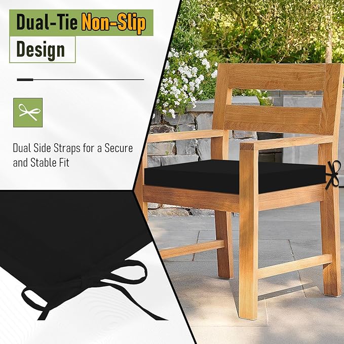 Basic Beyond Outdoor Chair Cushions Set of 6, Square Corner Outdoor Cushions for Patio Furniture, Water Resistant Patio Chair Cushions with 2 Ties, 18.5x16x3, Black