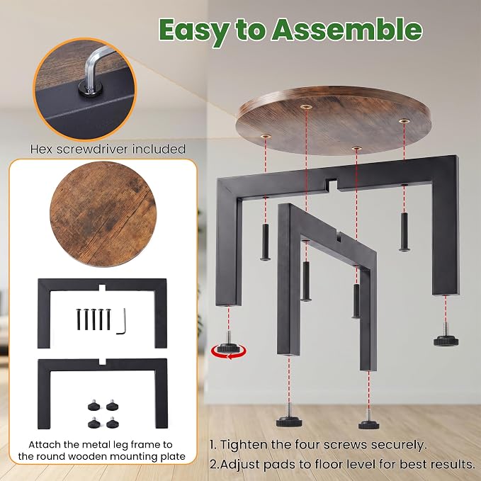 TOSKING Heavy Duty Metal Plant Stand Indoor – Adjustable Leveling Pads, Vintage Brown Wood Tray, Iron Cross Base, Corner-Friendly, Plant Flower Display Shelf, Low Stool for 8-12" Pots, Easy Assembly, Black & Brown (9.8"Dia x 7.7"H)