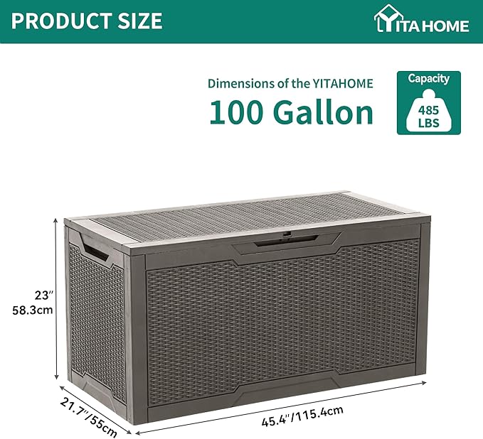 YITAHOME 100 Gallon Large Deck Box, Outdoor Resin Storage Boxes for Patio Furniture, Outdoor Cushions, Garden Tools, Water Resistant and Lockable
