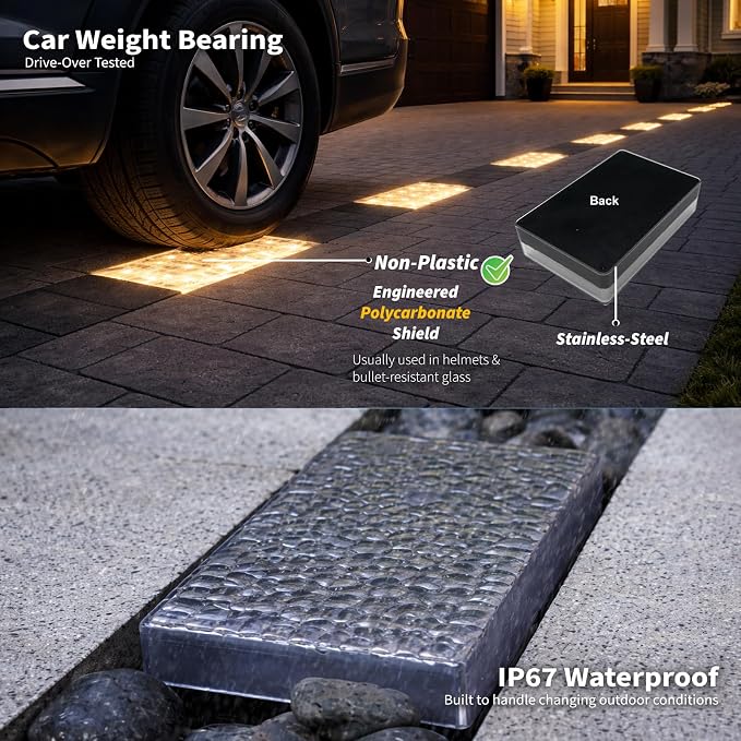SHONELIGHTING Paver Lights, Solar Light Outdoor Waterproof, In-Ground Brick LED for Driveway & Pathway, Hardscape Pavers, Auto On/Off, Heavy Duty Warm White 3500K (1 Pack)
