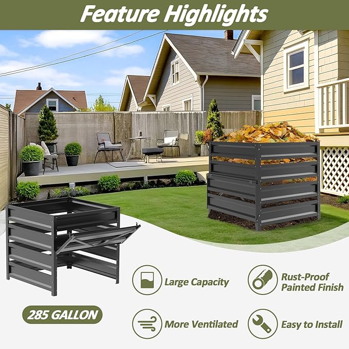 Compost Bin Outdoor - 285 Gallon Composter with Rust-Proof Coating, Painted Finish, Large Compost Bin for Producing Fertilizer from Kitchen Waste and Fallen Leaves（Metal）