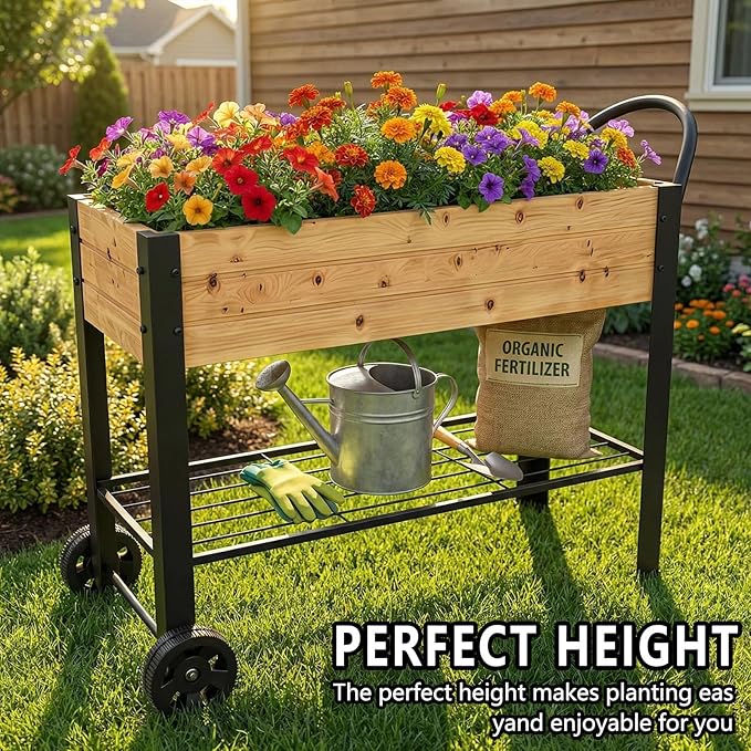 aboxoo Wooden＆Metal Large Planter Raised Beds with Legs Outdoor Planter Box on Wheels Elevated Garden Bed for Vegetables Flower Herb Patio (43" L x 12" W x 31.5" H)
