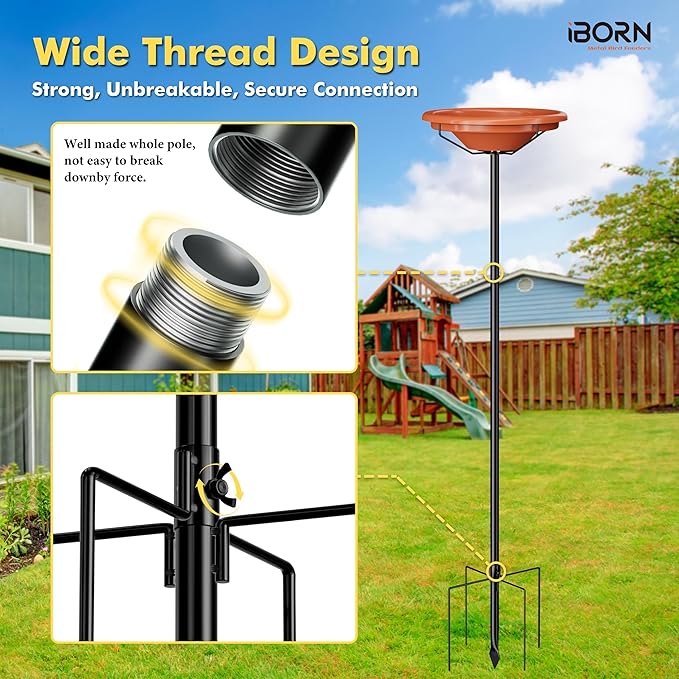iBorn 36″ Standing Bird Feeder for Outdoors with 3 Adjustable Height Pole,12″ BPA-Free Plastic Platform Bird Feeder Seed Tray,5-Prongs Base,Birdfeeders Tray with Pole,Pack of 1（Not Include Fountain）