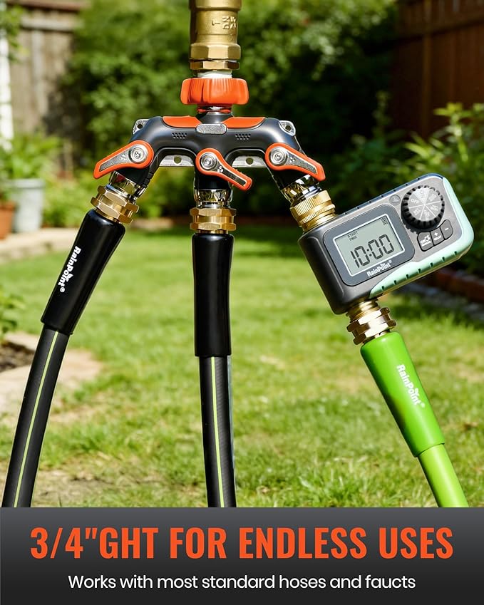 RAINPOINT 3 Way Hose Splitter, 100% Metal Heavy Duty Garden Hose Splitter With 1.9" Extra Long Handle & Individual Shut Off, 3/4 Inch GHT Thread Water Hose Connector For Spigot Faucet (Orange)