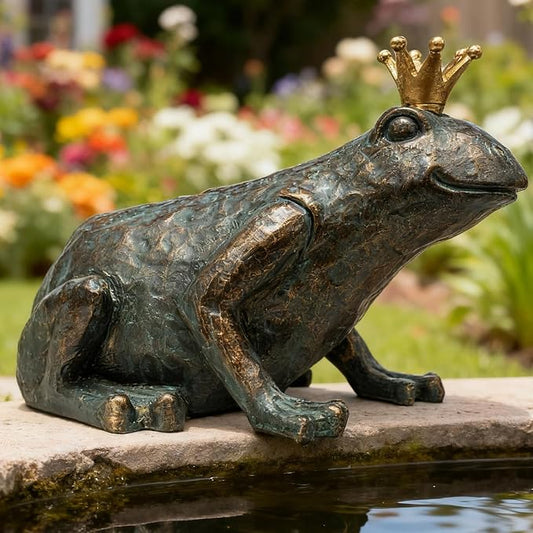 Crouching Frog Prince Garden Statue, Yard Decorations Outdoor Decor, Weather-Resistant Animal Figurines & Sculptures for Patio & Porch, 11.5" L×8" H