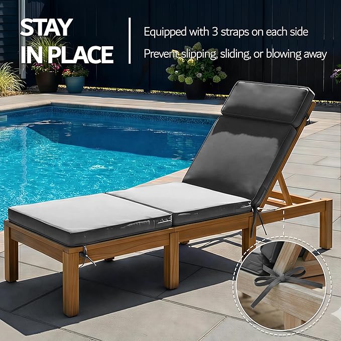 80 x 26 Inch Outdoor Chaise Lounge Cushion - Removable Cover, 4-Section Design, Water-Repellent & Fade-Resistant, 6 Tie Straps, Replacement for Patio & Pool Chairs - Dark Grey