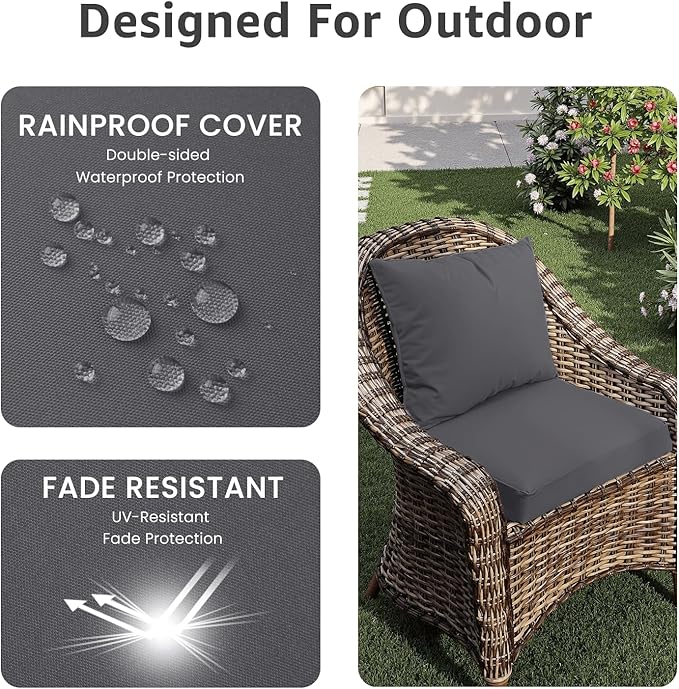 PatioGlow Outdoor Seat Cushion Set 24 x 24 x 4 Inch, Waterproof & Fade Resistant Patio Furniture Cushions with Removable Cover and Ties, Thick Deep Seating Pads for Outside Chair Sofa Couch, Grey