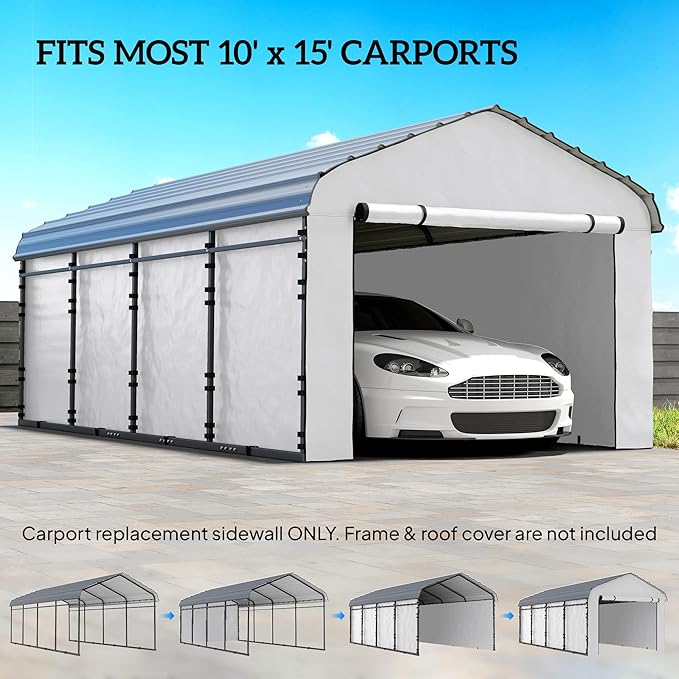 Outsunny Carport Replacement Sidewall Panels Set of 4 for 10' x 15' Carports, UPF50+ Waterproof PE Tarp Replacement Side Wall Cover with Zipper Door, Top Cover and Frame Not Included, White