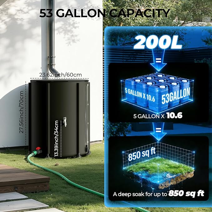 SKM Collapsible Rain Barrel, PVC Rain Water Collection System and Water Tank for Outdoor/Garden/Lawn, Portable Rain Water Collection Barrel Container with Spigots & Overflow Kit, 53Gallon, Black