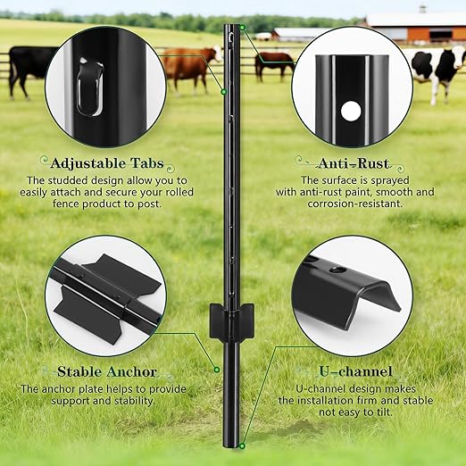 Gtongoko 10 Pack 4FT Heavy Duty Metal Fence Posts, Black U Channel No Dig Fence Stakes with Anchor Plate, 14 Gauge Steel Posts for Wire Fencing, Garden Protection, Animal Barrier, Yard & Farm Boundary