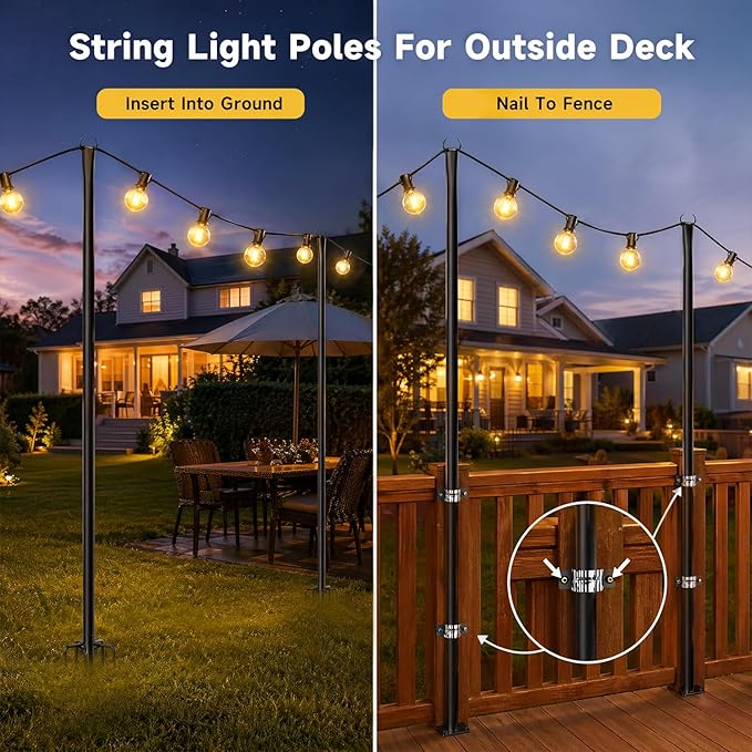 MuliVid 4 Pack String Light Poles for Outdoor,Metal Light Hanging Pole Outside with Fork,Light Stand for Patio, Pergola, Garden, Backyard, Yard, Camping Party (4 Pack)