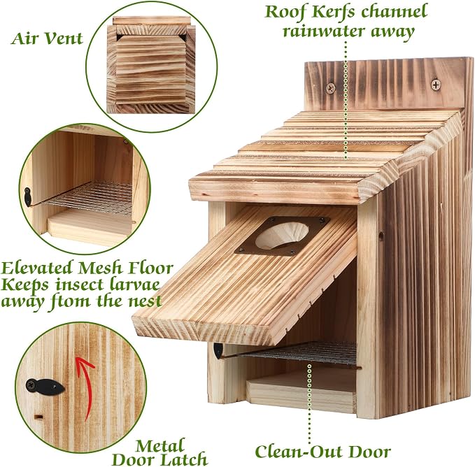 Dreyoo 8 Pack Bluebird Houses for Outside with Metal Predator Guard, 1-1/2" Entrance Hole Wooden Blue Bird Houses for Outdoors, Bluebird Nesting Box with Screwdriver (Burnt Wood Color)