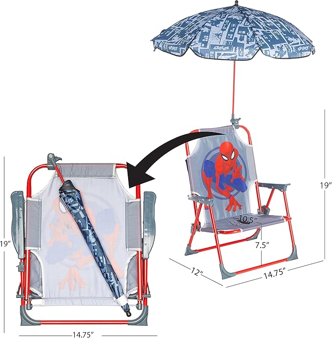 Marvel Spiderman Kids Beach Chair with Umbrella,Portable Folding Outdoor Chair with Shade,Lightweight & Durable for Ages 3+