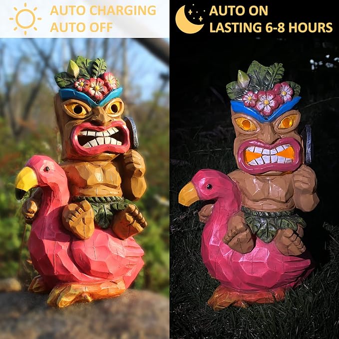 Solar Tiki Garden Statue Outdoor Decor with Flamingo Waterproof for Tiki Bar, Patio, Balcony, Yard, Lawn, Front Door Decorations, Gardening Gift for Tiki Man