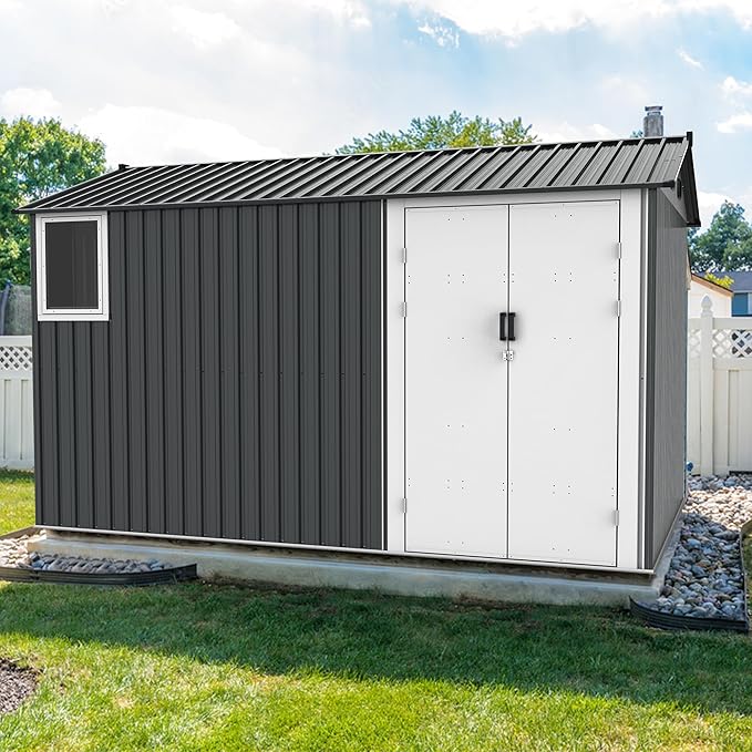 YOPTO 8x12 Ft Outdoor Storage Shed with Floor Frame and Window,Large Metal Utility Tool House W/Double Hinged Door & 4 Air Vents,All Weather Waterproof Garden Sheds for Backyard,Patio,Lawn,Dark Gray