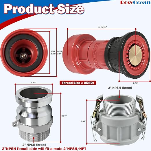 Heavey Duty 2" NPSH Fire Hose Nozzle with 2 x 2 Inch Aluminum Camlock Fittings Fire Equipment Industial Spray Jet Fog Nozzle