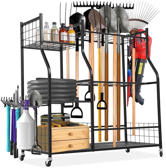 FAHKNS Garden Tool Organizer Rolling Cart, Heavy Duty Garden Tool Storage Rack