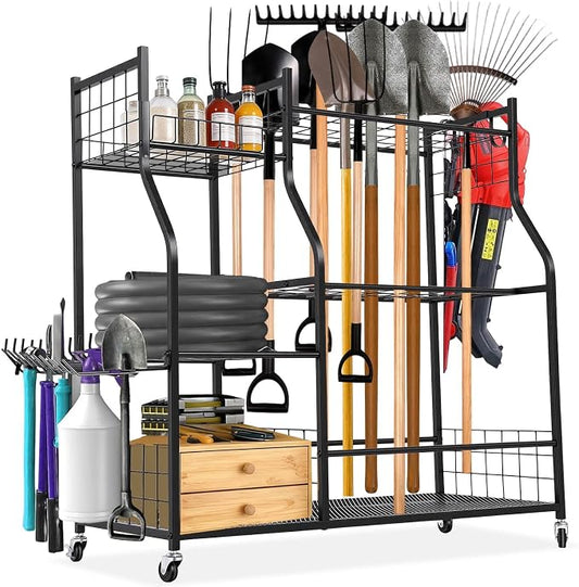 FAHKNS Garden Tool Organizer Rolling Cart, Heavy Duty Garden Tool Storage Rack