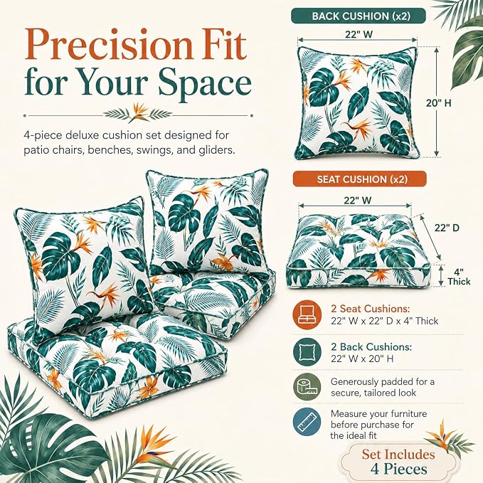 22x22 Waterproof Outdoor Chair Cushions Set of 2, Patio Cushions for Outdoor Furniture Water-Resistant & Fade-Resistant, Deep Seat & Back Cushion for Wicker Sofa (Yellow Leaf)