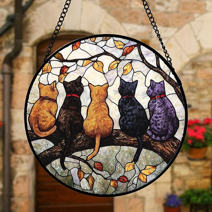 DASTOLL Stained Glass Window Hanging - 5 Cats on a Branch Suncatcher for Window Doors Home Decoration and Christmas, Mother's Day Father's Day Birthday Gifts for Women, Men, and Mom 9.8x9.8 in
