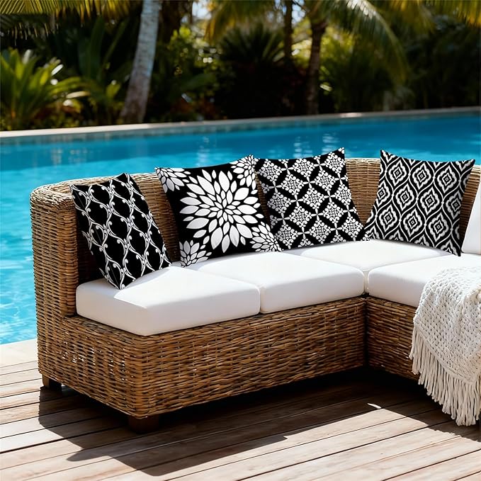 Outdoor Waterproof Throw Pillow Covers 18x18 Set of 4 Black Aesthetic Boho Decorative Cushion Cases for Patio Furniture Garden Porch Bench Couch Sunbrella