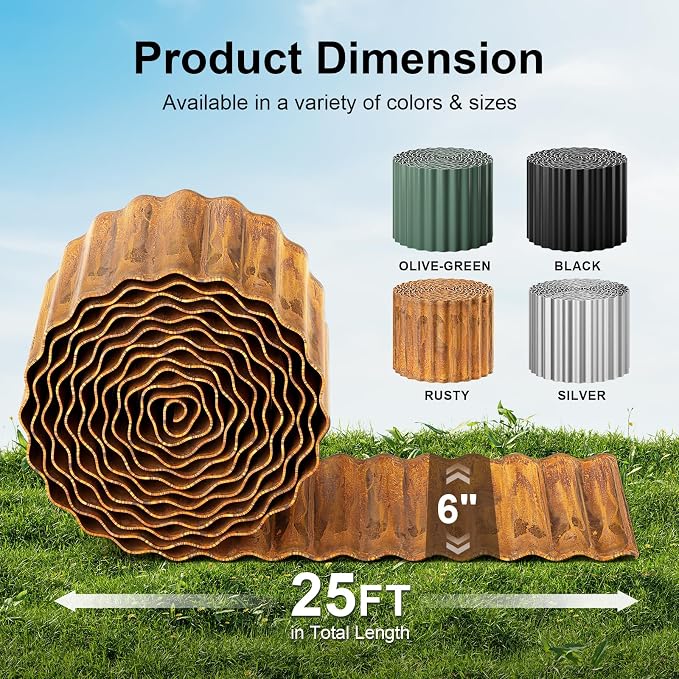 Land Guard Corrugated Garden Edging Border, 6"×25' Landscape Paver Edging, Tall Landscape Edging, Fence for Garden, Flower Bed, Lawn and Landscape Edging (Rusty)