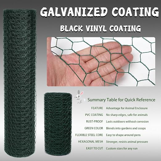 Green 19GA Chicken Wire 36inx150ft, Chicken Wire Fencing, Chicken Fence, PVC Coated Chicken Wire, PVC Coated Wire Mesh for Animal/Rabbit/Floral/Chicken Coop/DIY Projects.