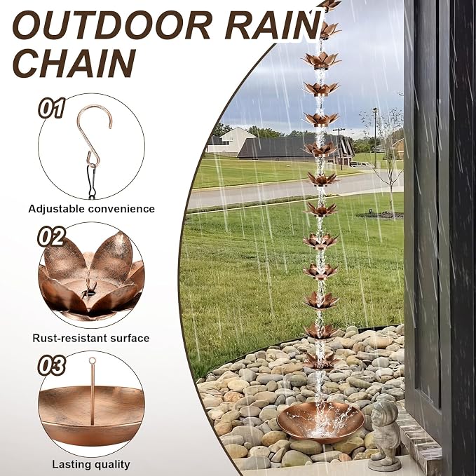 MorningRo 8.5ft Rain Chains for Gutters Outside with Anchor Basin 12 Cups Rain Chain Catcher Downspout Replacement Adjustable Metal Garden Rainwater Divert for Eaves Drainage(Flower)