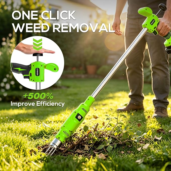 LITEKON Electric Cordless Weed Puller Tool, 20V Battery Powered Stand Up Weeder with 2.0Ah Battery & Fast Charger, Puller Tool with Long Handle, Crabgrass Piller& Dandelion Remover for Garden, Green