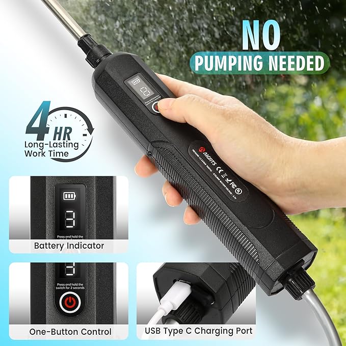 2 Gallon Electric Sprayer, Battery Powered Garden Sprayer with 3 Adjustable Speed, Automatic Water Pump Weed Yard Lawn Sprayer with 4 Mist Nozzles, USB Rechargeable Handle, Retractable Wand for Plants