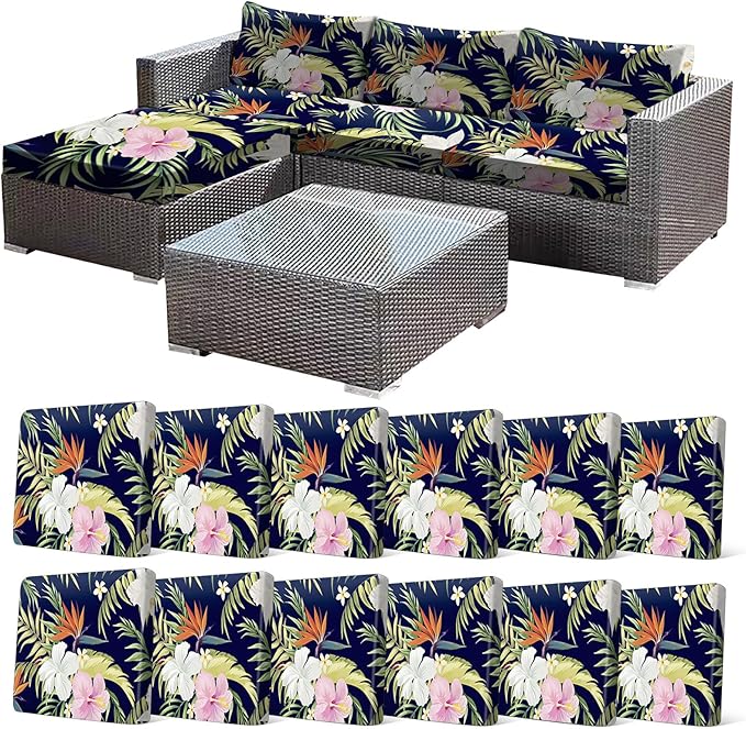 CALBODE 12 Pcs Stretch Outdoor Seat Cushion Covers, Washable Chair Seat Covers for Patio Furniture Cushions Soft Indoor and Outdoor Couch Cover Replacement(Navy Blue Botanical, Cover Only)