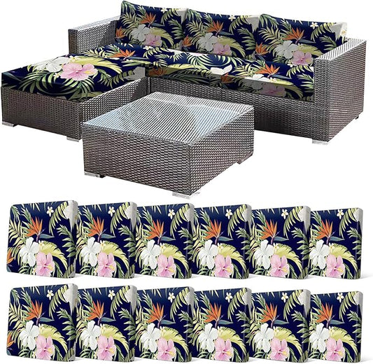 CALBODE 12 Pcs Stretch Outdoor Seat Cushion Covers, Washable Chair Seat Covers for Patio Furniture Cushions Soft Indoor and Outdoor Couch Cover Replacement(Navy Blue Botanical, Cover Only)