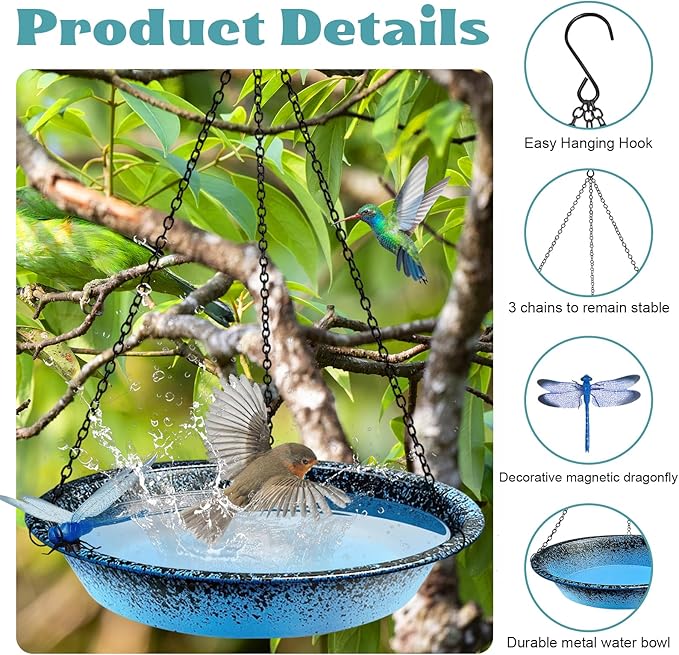 Hanging Bird Bath for Outdoors 11.4 inch Metal Birdbath Bowl with Detachable Black Chains & Hook Outdoor Hanging Bird Feeder for Tree, Window, Patio, Backyard, Gift for Bird Lovers (Blue)