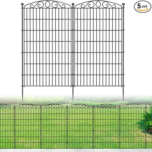 5 Panel No Dig Decorative Garden Fence - 48in H x 11.4 ft L, Tall Animal Barrier for Dogs Rabbits, Rustproof Metal Wire Panels for Yard, Patio, and Outdoor Border Use