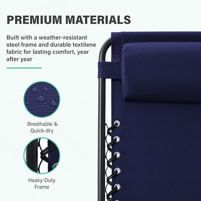 JEAREY Zero Gravity Lounge Chairs Set of 2, Adjustable Steel Mesh Recliners with Pillows and Cup Holder Trays for Patio, Garden, Beach, Navy Blue