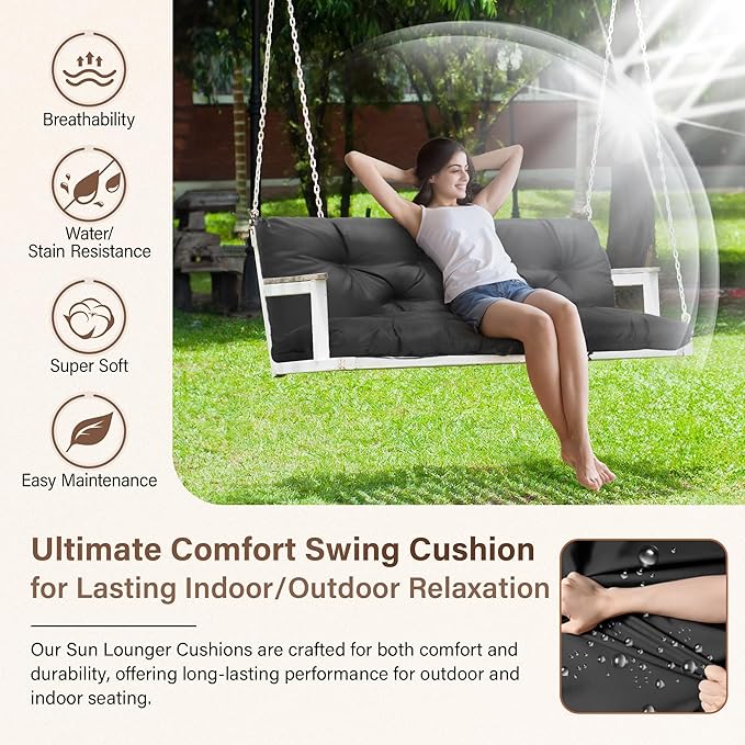 Waterproof Porch Swing Cushions 60 Inch,2 3-Seater Replacement for Outdoor Furniture with Backrest and Straps, Thick 4" Swing Seat Bench Cushion for Loveseat Glider Bench Patio Lawn Backyard