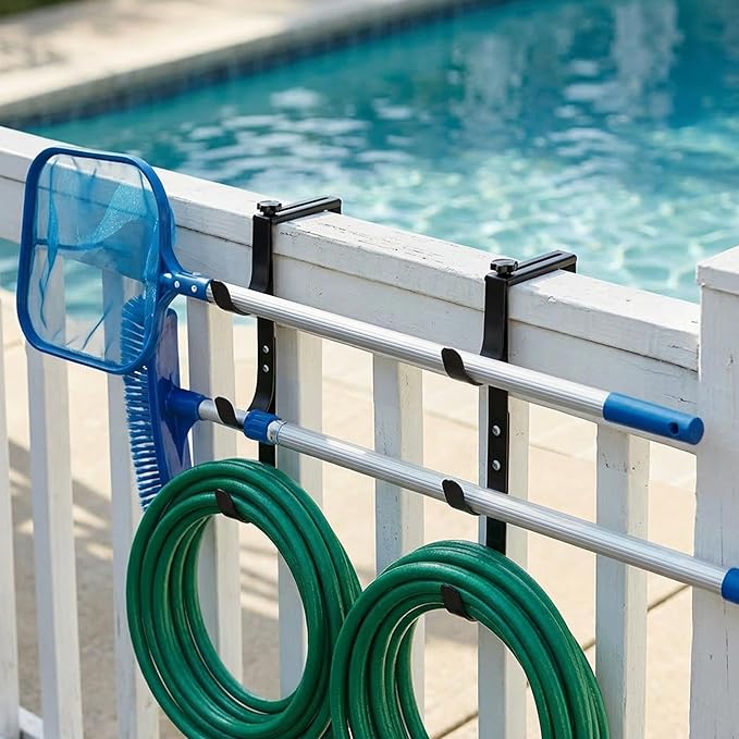 2 Pcs Three-layer Pool Fence Hooks for Pool Equipment, Adjustable Pool Pole Hanger Holder, Rustproof Swimming Pools Skimmer Pole Hooks for Hanging Tool, Hose, Leaf Rakes, Nets Pool-Accessories (Black)