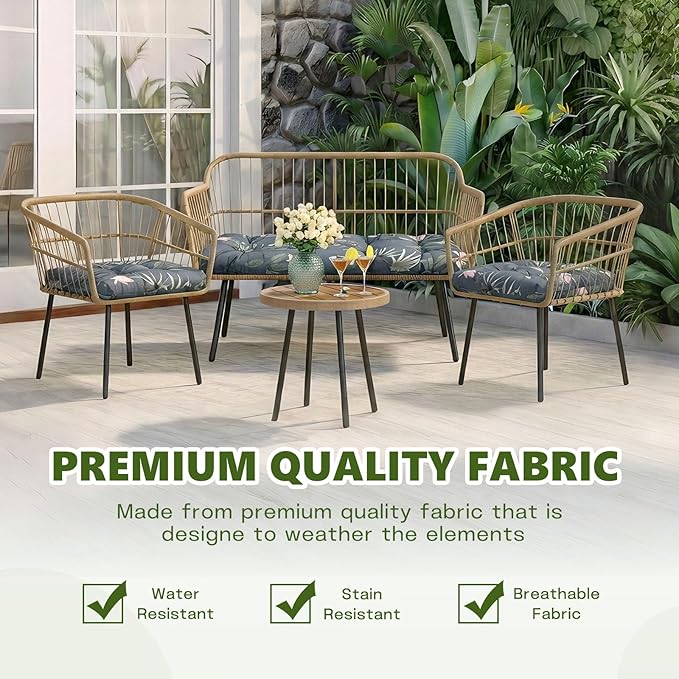 Wicker Chair Cushions Set, 2 U-Shaped Cushions & 1 Loveseat, Waterproof Outdoor Loveseat Cushion for Patio Furniture, Settee Bench Pad All Weather,PinkFlower