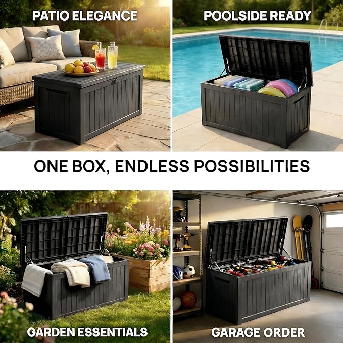 Large 231 Gallon Resin Deck Box, Heavy Duty Lockable Patio Storage Box Outdoor, Waterproof Tool Box for Garden Furniture Cushions & Pool Supplies, Wood Grain Outdoor Storage Bench for Backyard