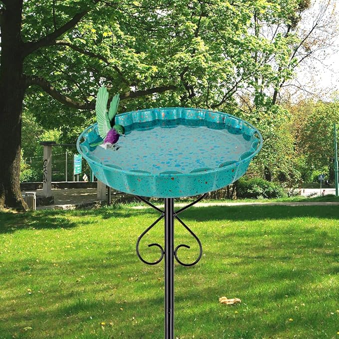 Metal Bird Bath for Outside,Cyan Bird Baths & Feeder with Hummingbird Pattern Metal Disc 5-Pronged Base Stakes for Outdoors,Birdbath for Garden,Patio,Lawn Decor