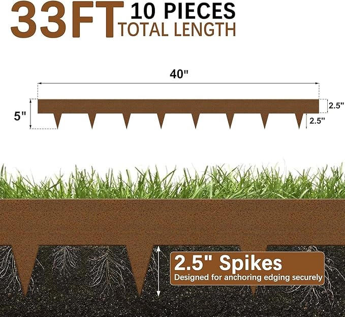 Worth Garden 10-Pack Corten Steel Landscape Lawn Edging - 5in H (2.5" above ground + 2.5" spikes) Rust Patina Bendable Metal Strips - Hammer-in Border with 11 Clips - Yard Pathway Divider (33Ft Total)