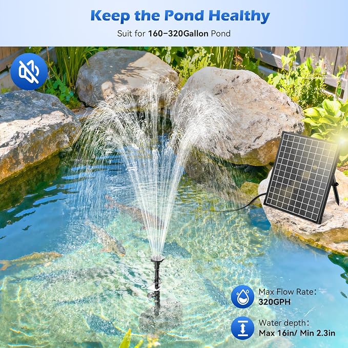 Antfraer 25W Solar Fountain Pump, 320 GPH Solar Pond Pump with 4 Nozzles, Adjustable Flow & 6.6ft Tubing, Solar Water Fountain Pump for Garden, Fish Tank, Backyard