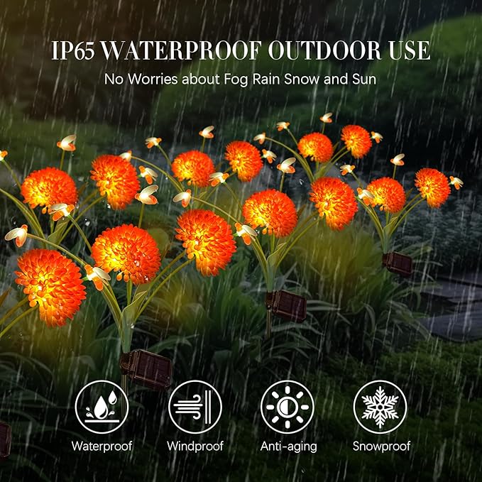 Solar Garden Lights, 2 Pack Solar Swaying Bee Lights with Flowers, Waterproof Firefly Light Outdoor for Garden Patio Yard Pathway Fall Decoration, Gifts for Women Mother's Day