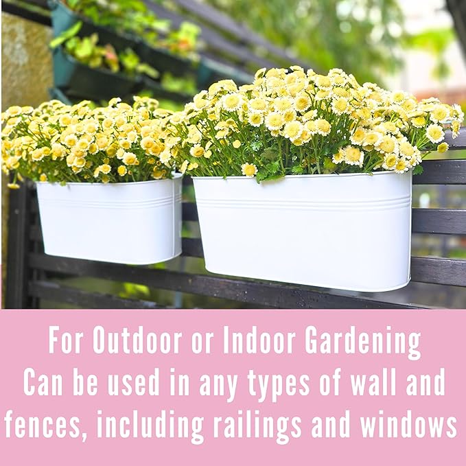 LaLaGreen Bundle- 2 Pack, 11.2 Inch Black Metal Pot + 6 Pack, 15 Inch White Metal Pot Wall Mount Window Hanging Rail Planter Boxes with Hook Flower Herb Bucket Fence Patio Porch Garden Decor Outdoor