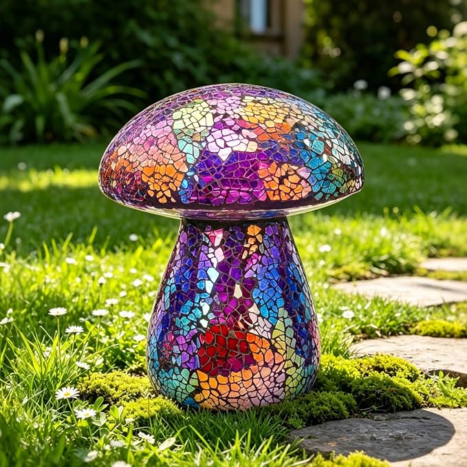 Bshine Mushroom Garden Statue Decoration, Colorful Mosaic Mushroom Sculptures Home Decor, Outdoor Waterproof Handmade Glass for Yard, Path, Lawn Ornaments or Gifts for Mom (Purple)