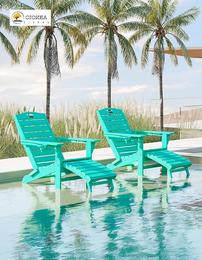 Ciokea Folding Adirondack Chair Set of 6 with Retractable Ottoman Fire Pit Patio Chair with Pull Out Foot Rest Weather Resistant Lawn Outdoor Chair with 2 Cup Holder (Lake Blue)