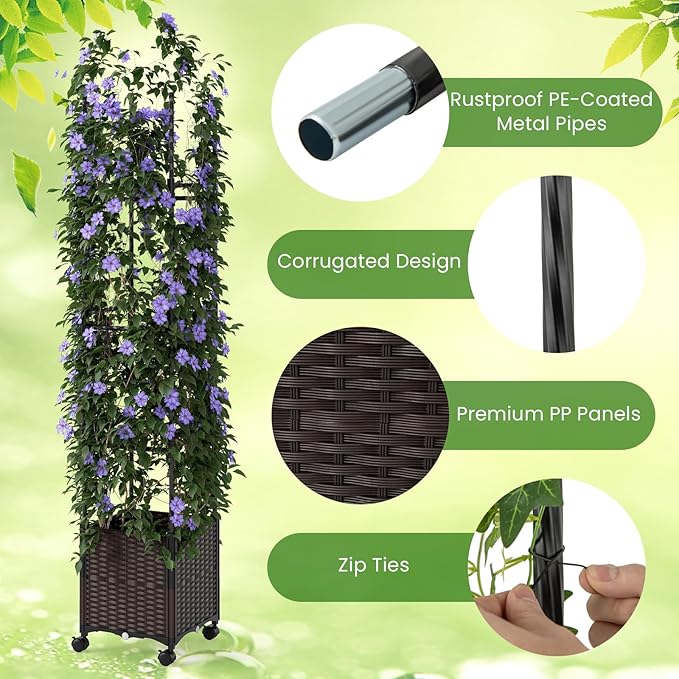 HAPPYGRILL 87" Raised Garden Bed w/Trellis, Self-Watering Planter Box w/ 3 Adjustable Heights, Lockable Wheels for Climbing Plants Flowers Vine, Indoor Outdoor Vertical Tomato Cage for Garden (2)