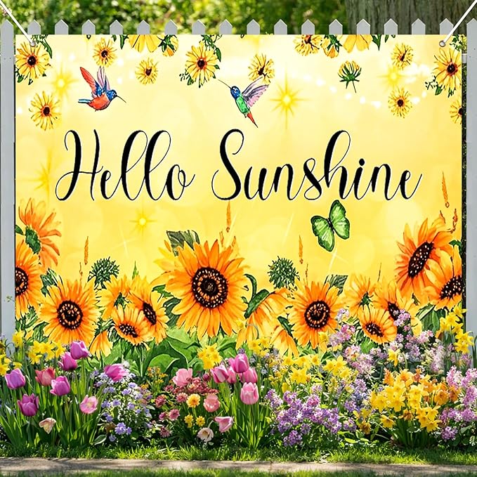 BlissYard Hello Sunshine Backdrop Decoration Sunflower Floral Banner 8x6ft Summer Spring Photo Backdrop Yellow Flower Background for Garden Party Photo Booth Seasonal Event Wall Display