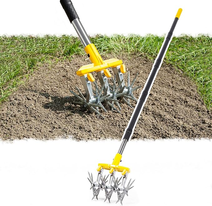 Rotary Cultivator Garden Tool with Extra-Large Tines, 74-Inch Long Handle Manual Tiller Cultivator, Heavy-Duty Rotary Hand Tiller for Soil Mixing, Reseeding Grass, Gardening, Lawn Care