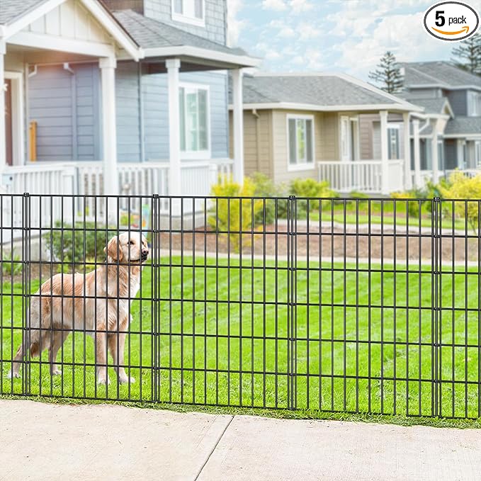 FOREHOGAR Metal Garden Fence 40in (H) x 11.7ft (L), 5 Panels + 6 Stakes Dog Fence Border Fence Animal Barrier, No Dig Garden Fencing for Yard Flower Bed Lawn Patio Outdoor, PIN402805 Black